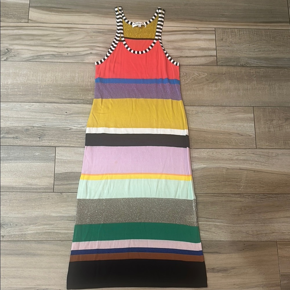 Colorful Striped Maxi Dress with metallic accents